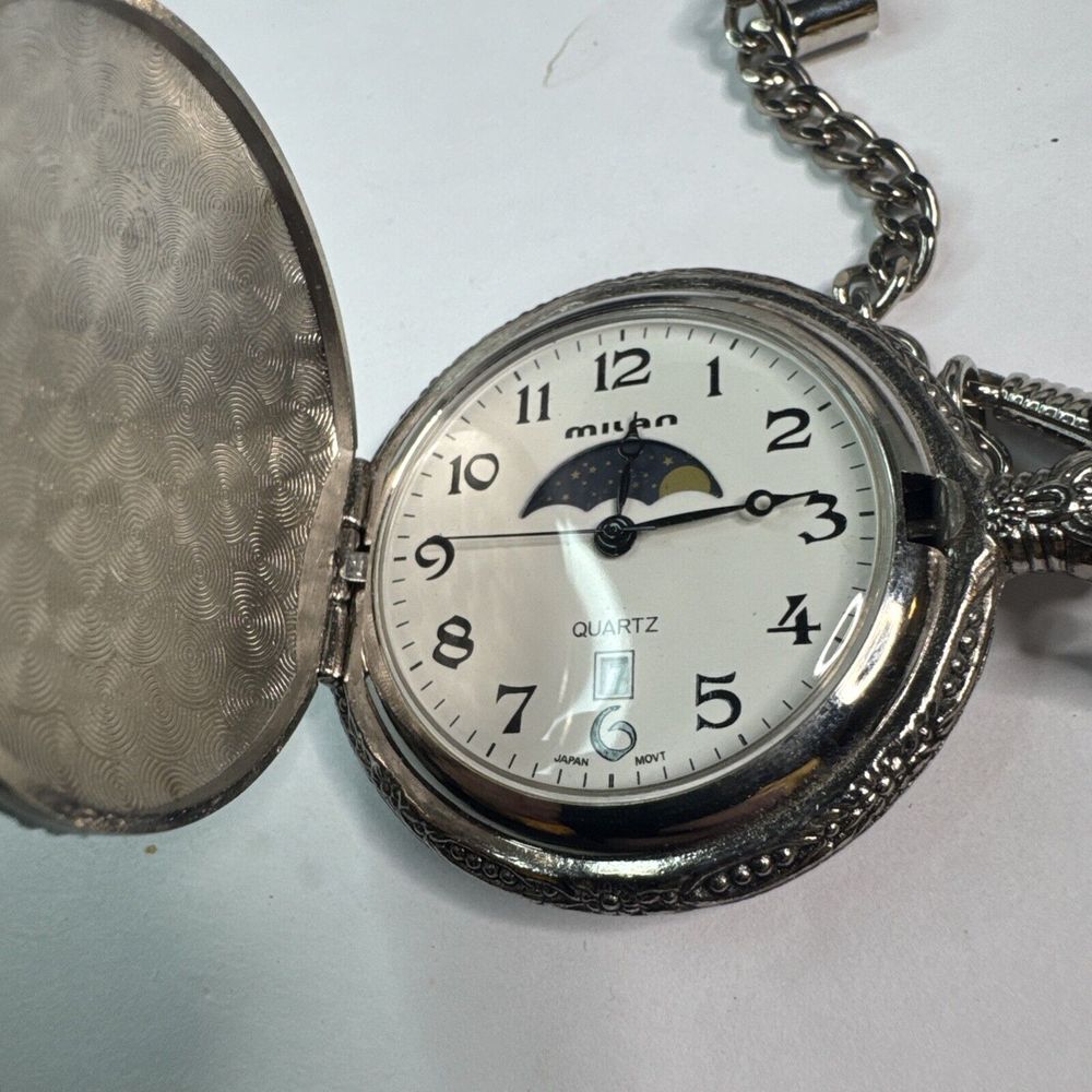 Milan Quartz "#1 Grandpa " Etched Silver Pocket Watch Japan MOVT W/ Belt Clip - Picture 3 of 4